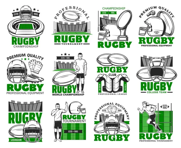 Icônes Vectorielles Rugby Sport Jeu Football Américain Signes Isolés Joueur — Image vectorielle