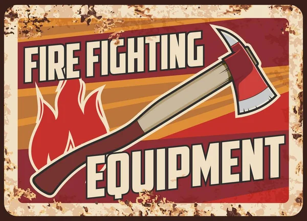 应急救援设备生锈的金属板 消防员或消防员扒头斧头 火焰符号矢量 抢险救援工程复修旗帜的设备和工具 — 图库矢量图片