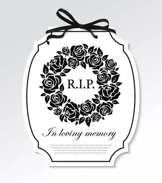花环周围有黑色花朵的葬礼框架 吊带弓和排字 有Rip的丧葬卡片安息在和平与爱的记忆哀悼中 带有玫瑰载体的墓碑或框架 — 图库矢量图片