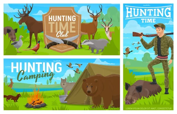 Hunting Camping Club Vector Banners Hunter Rifle Equipment Posing Killed — Stock Vector