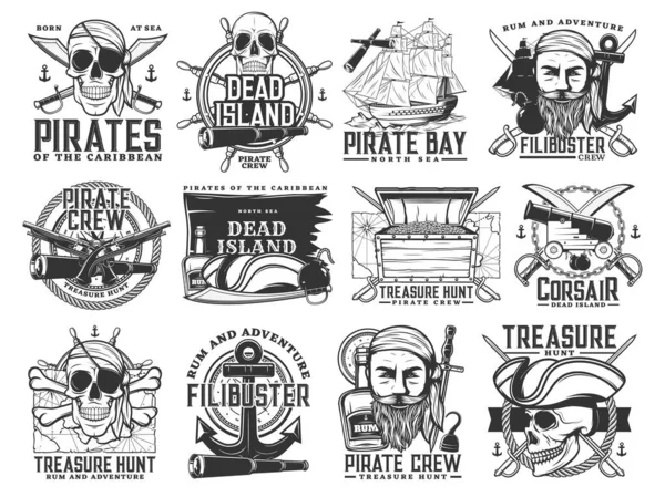 Iconos Piratas Vector Jolly Roger Cráneos Cabezas Esqueleto Bandera Negra — Vector de stock