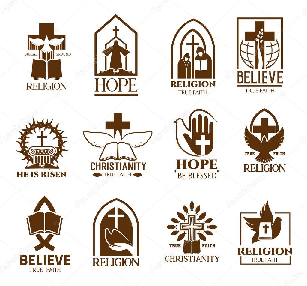 Christian church parish or community icons set. Religion school and bible learning lectures, religious commune symbol or emblem with white dove, crown of thorns and crucifixion, monks outline vectors