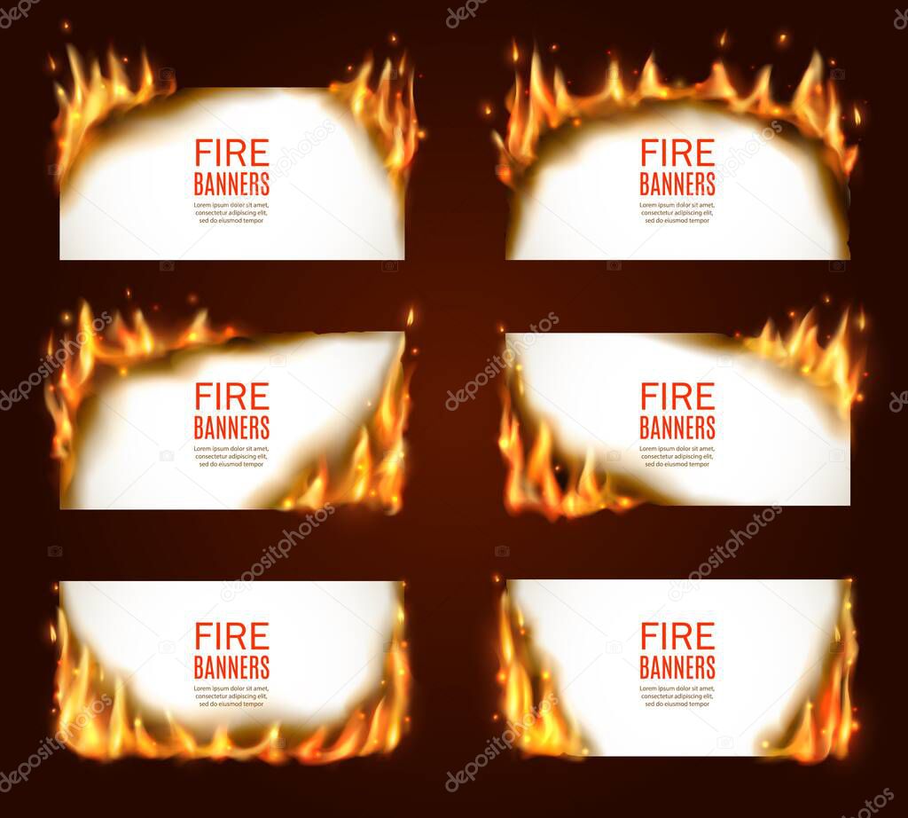 Fire banners, burning paper, vector horizontal pages with flame and sparks. Isolated white burning smoldering paper sheets. Conflagrant cards template for advertising, realistic 3d flaming frames set