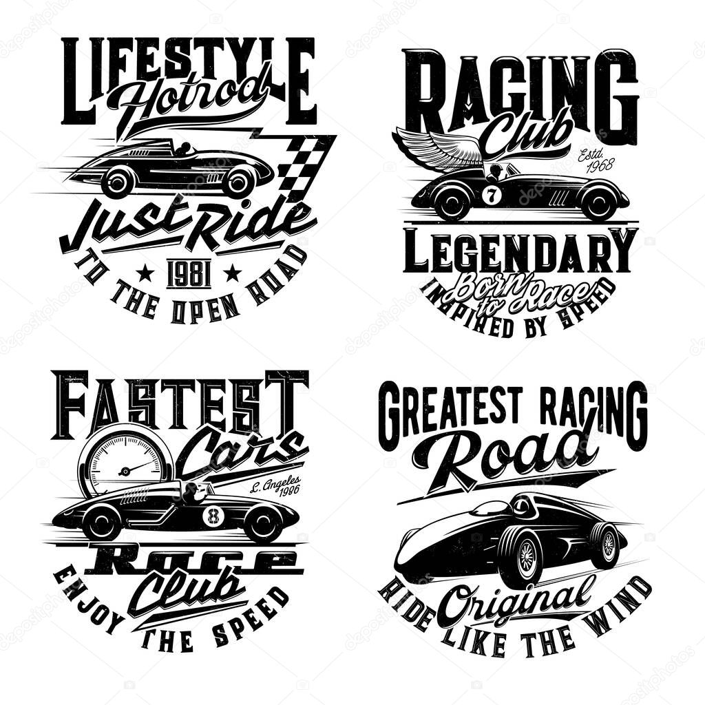 Car races t-shirt print mockup, retro automobile rally and sport club signs. Vintage auto and classic vehicles racing, legendary champion road racing, sportcar and speedometer for t shirt print