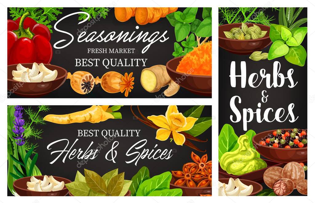 Food spice and herb banners of cartoon condiments