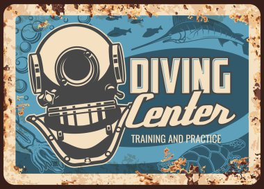 Dalış merkezi metal plaka paslı, dalış sporu vektör retro posteri. Deniz ya da okyanus şnorkelli dalgıçlar kulübü, sualtı okulu ve denizcilik macera eğitimi, pratik, paslı aqualung metal plakası