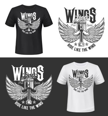 Kanatlı araba motoru vana modeli olan tişört izi. Kuş ya da melek kanatlı Retro otomobil parçası ve rüzgar gibi tipografi. Yarış kulübü kıyafetleri, eski tişört baskı şablonu.