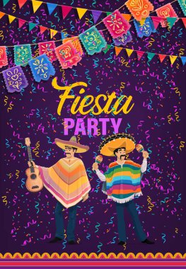 Mexican holiday fiesta party, Cinco de Mayo celebration, vector. Mexico traditional Cinco de Mayo holiday fiesta, men in sombrero and poncho with guitar and maracas, papel picado flags and confetti clipart