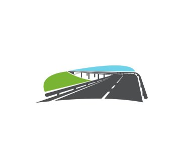 Asfalt yol dönüşü, köprü simgesiyle birlikte hız otoyolu. Modern yarış yolu, iki yol ve bariyer vektörlü ulaşım yolu. Ulaşım ve karayolu turizmi amblem tasarım elementi