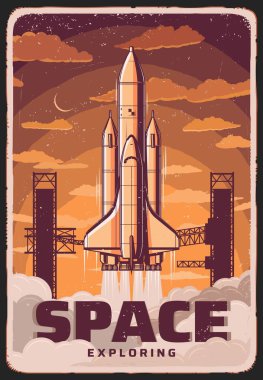 Uzay keşfi, vektör roket kalkışı uzay limanı, bilim kozmodromu klasik posteri. Mekiği Dünya 'dan ayrılan füze iticisi, kozmos araştırması, galaksi keşif görevi retro grunge kartı.