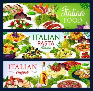 Italian cuisine vector food salad with mozzarella, spaghetti with bolognese, farfalle, spinach pasta with mussels. Shrimp with pear, focaccia with ham and cheese, funghetto meals of Italy banners clipart