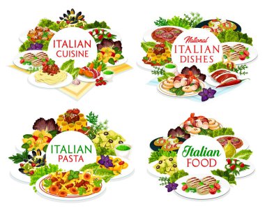 Jambonlu İtalyan mutfak vektör yemekleri, İtalyan köftesi ve cannelloni, mozzarella soslu salata. Bolonez, farfalle, jambonlu ve peynirli spagetti, funghetto yuvarlak çerçeveli.