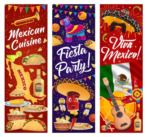 Bandeiras Vetoriais Viva México Com Comida Festa Mexicana Caráter Pimenta — Vetor de Stock