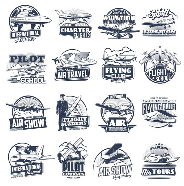 Aviation Vector Icons Vintage Modern Planes Flight School Pilot Courses — Stock Vector