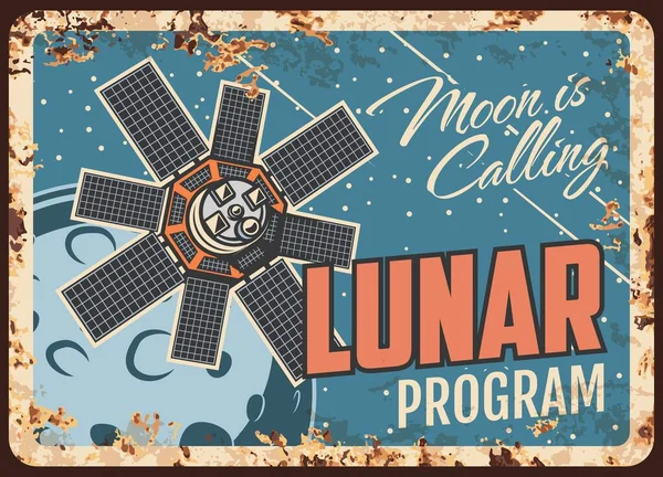 Programme Lunaire Vecteur Rouillé Plaque Métallique Mouche Satellite Sur Orbite — Image vectorielle