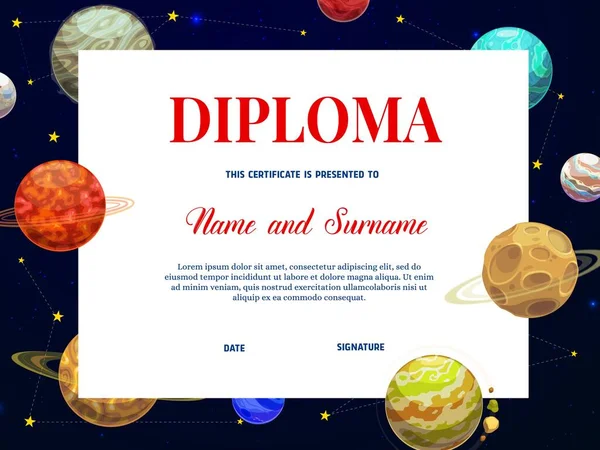Diploma Educação Infantil Modelo Vetor Certificado Com Quadro Fundo Planetas — Vetor de Stock
