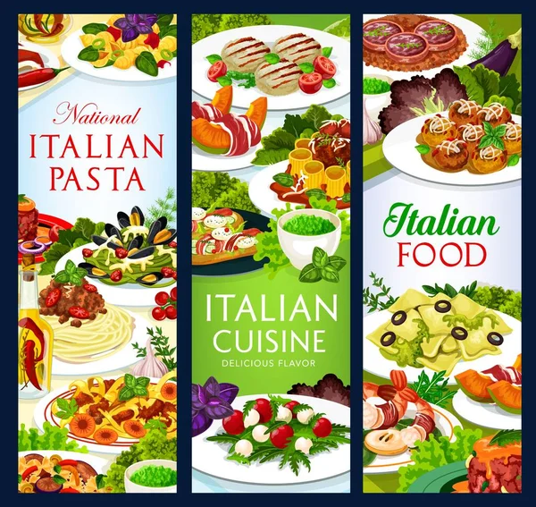 Italienische Küche Vektornahrung Melone Mit Schinken Gehörnt Italienische Frikadellen Cannelloni — Stockvektor