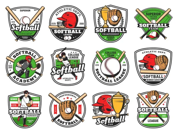 Softbol Emblema Del Club Béisbol Con Bate Pelota Vector Equipo — Vector de stock