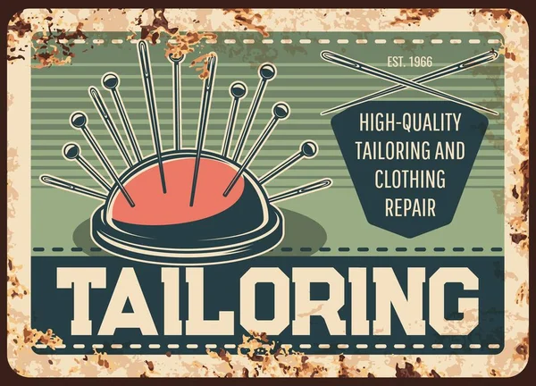 Tailor Shop Μεταλλική Πλάκα Σκουριασμένη Ράψιμο Ρούχα Και Επισκευή Ατελιέ — Διανυσματικό Αρχείο