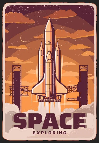 Weltraumforschung Vektorraketen Starten Vom Weltraumbahnhof Science Kosmodrom Vintage Poster Raketenbooster — Stockvektor