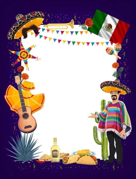 Meksika Cinco Mayo Fiesta Parti Tabelasında Mariachi Sombreros Marakas Gitar — Stok Vektör