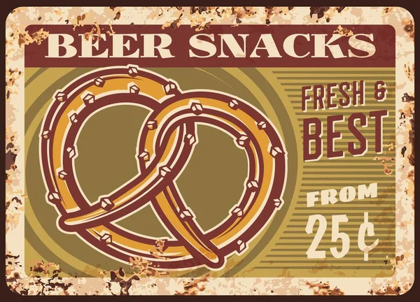 Snacks Cerveza Placa Metal Oxidado Con Pretzel Vector Panadería Tienda — Archivo Imágenes Vectoriales