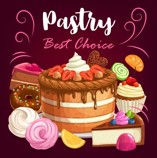 Prăjituri Patiserie Deserturi Brutărie Magazin Dulciuri Poster Vectorial Meniu Deserturi — Vector de stoc