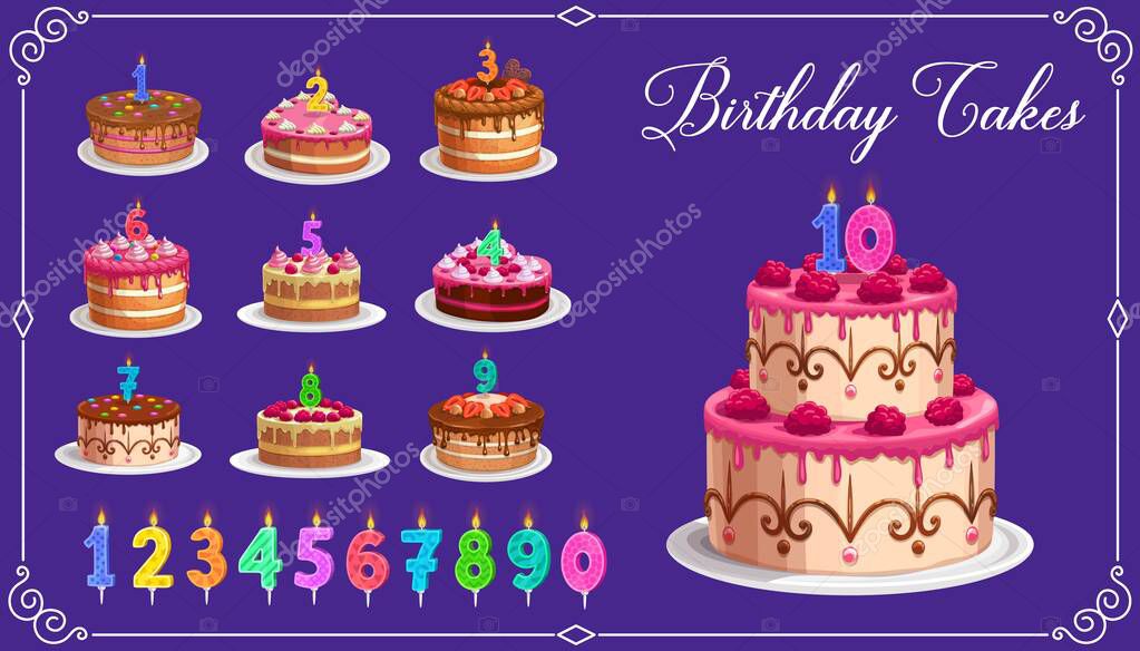 Candles on birthday cakes with age numbers from one to ten isolated vector icons. Happy birthday child party celebration. Cupcakes and colorful candle digits with fire light, anniversary candlelights