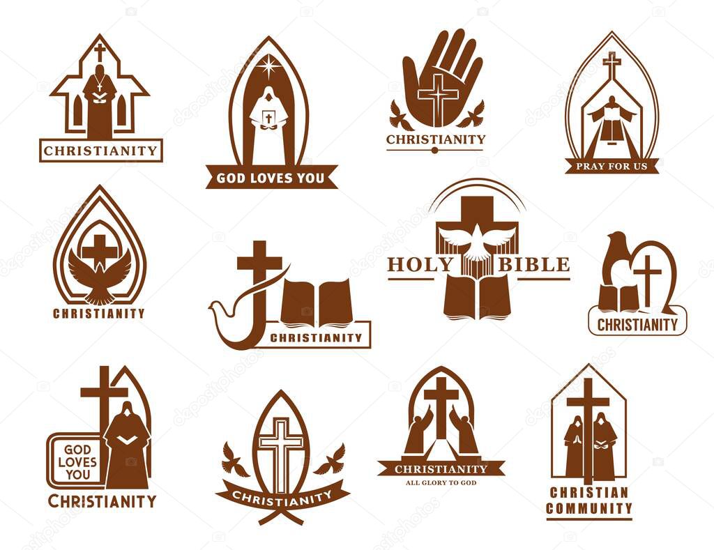 Christianity religion vector icons, cross, Bible and dove, Christian catholic churches, prayer, priest and open palm. Holy book, bird and crucifix brown symbols, faith and religious themes emblems set