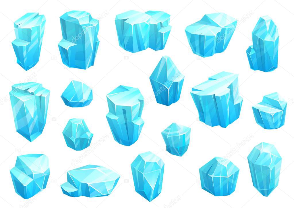 Ice crystals, blue magic gems vector icons. Jewel rocks or mineral stones isolated natural turquoise gemstone zircon, apatite, lapis lazuli, opal or quartz glass. Cartoon jewelry or ice crystals set