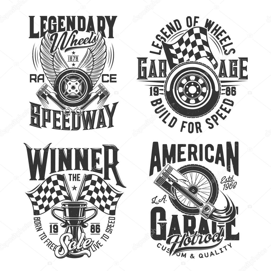 Racing sport, motocross speedway t-shirt prints for cars races and rally, vector icons. Racing championship and motorcycle speedway cup, wheels on fire and finish victory flag with engine pistons
