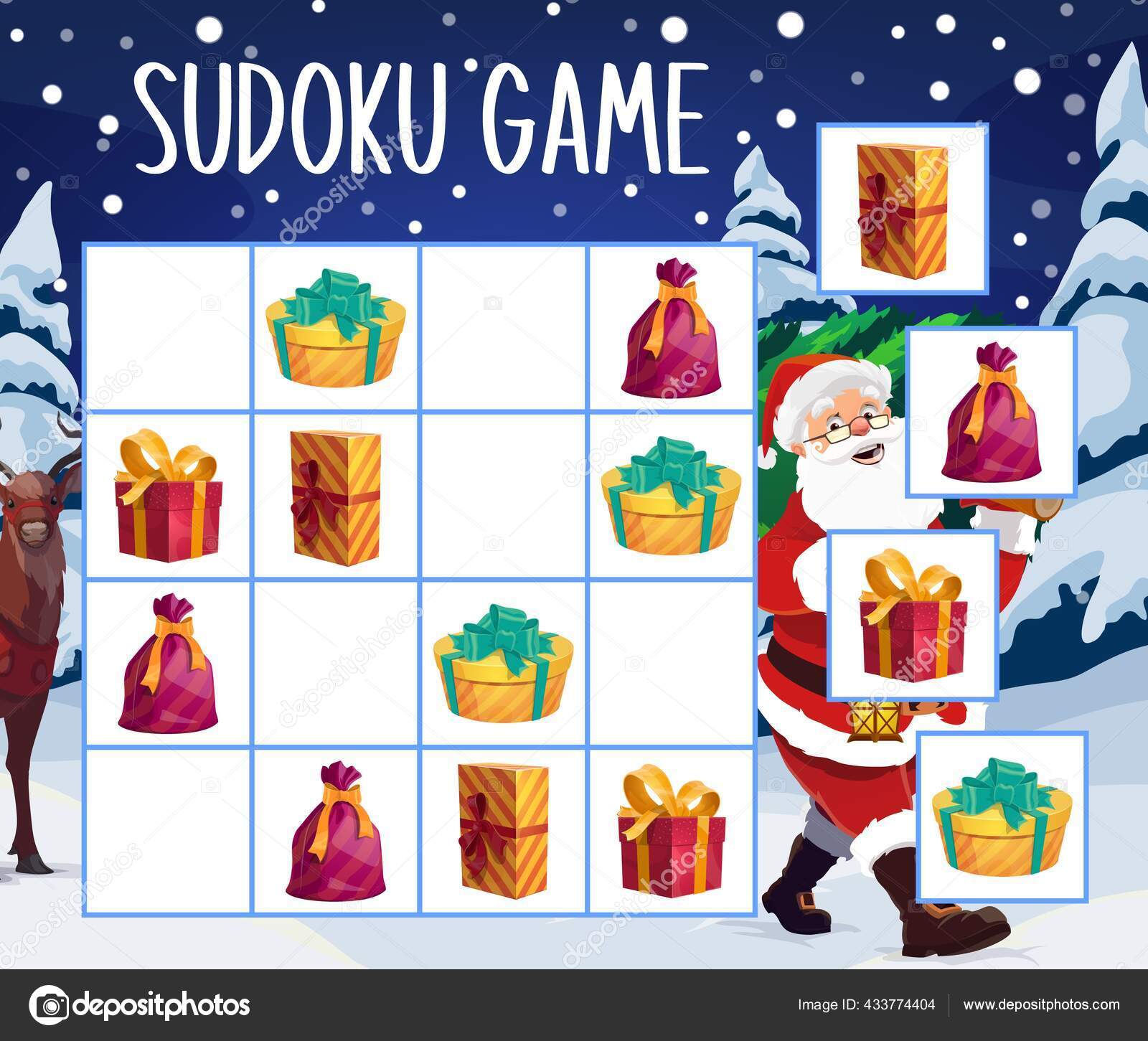 Jogo de sudoku para crianças com fotos. feliz natal e feliz ano