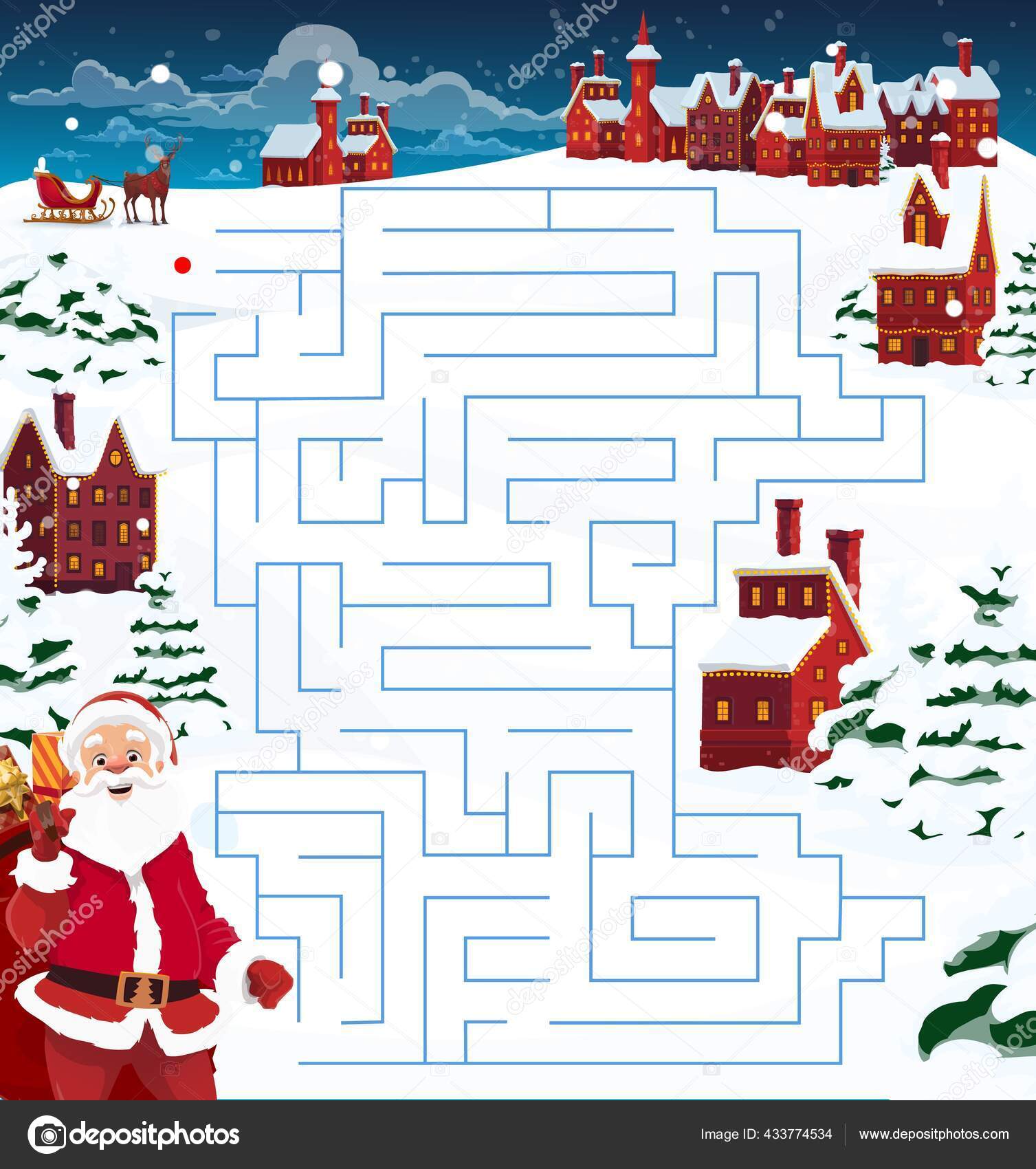 Jogo de tabuleiro de natal em preto e branco para crianças com animais  fofos e papai noel. jogo de tabuleiro educacional com veados, papai noel,  abeto, presentes. atividade para impressão de inverno