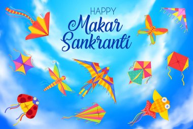 Mutlu Makar Sankranti günleri, uçurtmalı hasat festivali geçmişi. Hindistan ve Nepal Hindu takvimi bayramı, kış gündönümü Hinduizm festivali bayrağı gökyüzünde farklı şekillerde uçan uçurtmalar