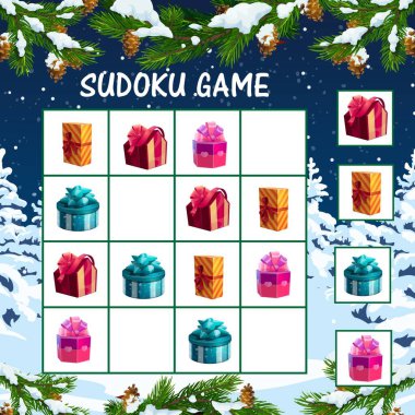 Noel hediyeli çocuklar için Noel sudoku oyunu. Çocuklar mantıksal labirent, renkli kağıda sarılmış ve kurdele yaylarıyla süslenmiş eğitim oyunu şablonu çizgi film vektörlerini sunar