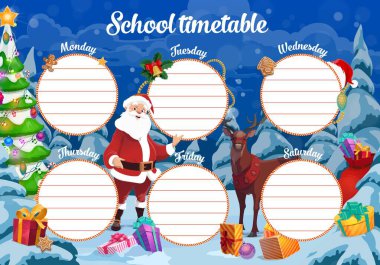 Noel Baba, ren geyiği ve hediyelerle dolu Noel okulu takvimi. Çocukların hafta planlamacısı ya da takvimi, süslü Noel ağacı, Noel Baba ve orman vektörüne dağılmış hediyeli bayram kutlaması çizelgesi