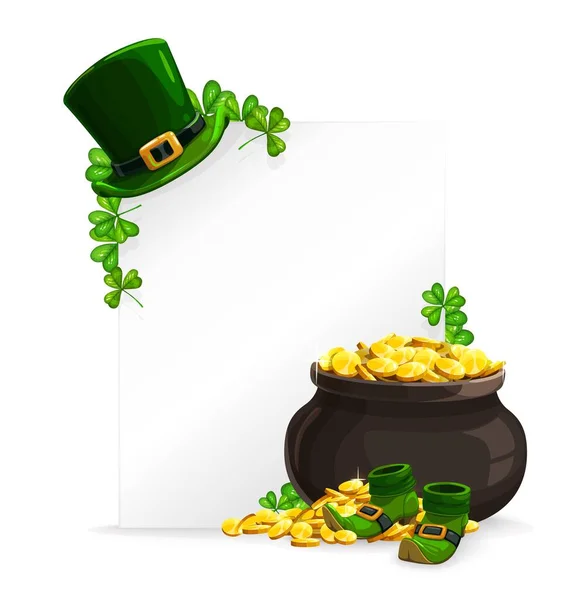 Patricks Day Banner Hoja Blanca Olla Monedas Oro Sombrero Duende — Vector de stock