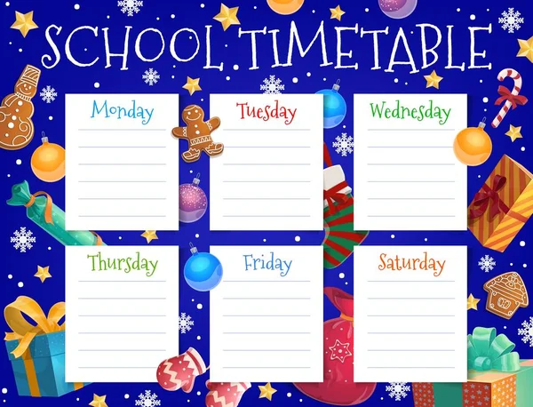 Modelo Calendário Semana Escolar Infantil Com Ornamentos Árvore Natal Horário — Vetor de Stock