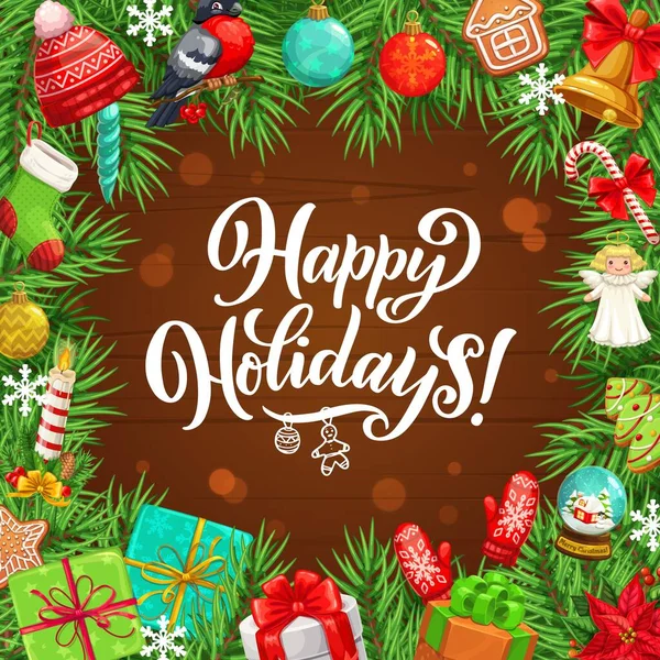 クリスマスの木のフレーム ギフト 鐘やリボン弓 雪の結晶 ボールと靴下 キャンディー杖 ジンジャーブレッドとキャンドル 帽子と手袋ベクトルデザイン 木製の背景に冬の休日の花輪 — ストックベクタ