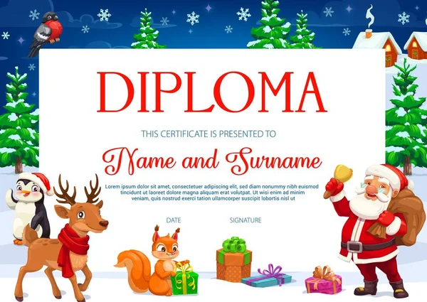 Diploma Certificado Educación Infantil Con Personajes Dibujos Animados Vectoriales Navidad — Vector de stock