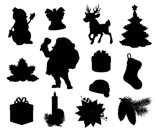 Weihnachten Urlaub Schwarze Silhouetten Vector Weihnachtsbaum Geschenk Und Geschenkboxen Weihnachtsmann — Stockvektor