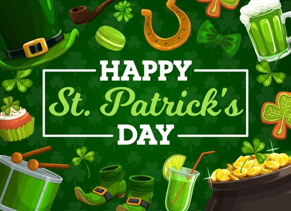Patricks Day Trèfles Vecteurs Vacances Irlandais Casserole Chapeau Leprechaun Feuilles — Image vectorielle