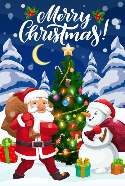 Santa Sněhulák Vánočními Dárky Vánoční Stromeček Zdobené Hvězdy Zvonek Bonbóny — Stockový vektor