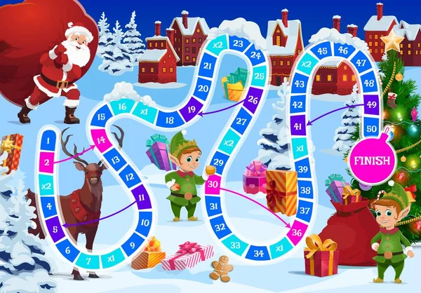 サンタ トナカイ 自己キャラクターを持つ子供たちのためのクリスマスボードゲーム サンタクロースは贈り物 かわいいエルフと鹿 プレゼント クリスマスツリー漫画ベクトルを持つ巨大な袋を持っています 子供のロールと移動ゲーム — ストックベクタ