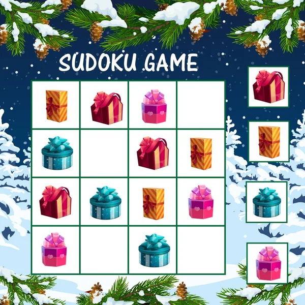 Gioco Sudoku Natale Bambini Con Scatole Regali Festa Labirinto Logico — Vettoriale Stock