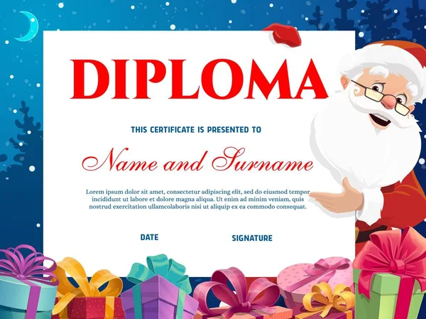 Dyplom Przedszkola Dzieci Certyfikat Mikołajem Prezenty Świąteczne Szczęśliwy Święty Mikołaj — Wektor stockowy