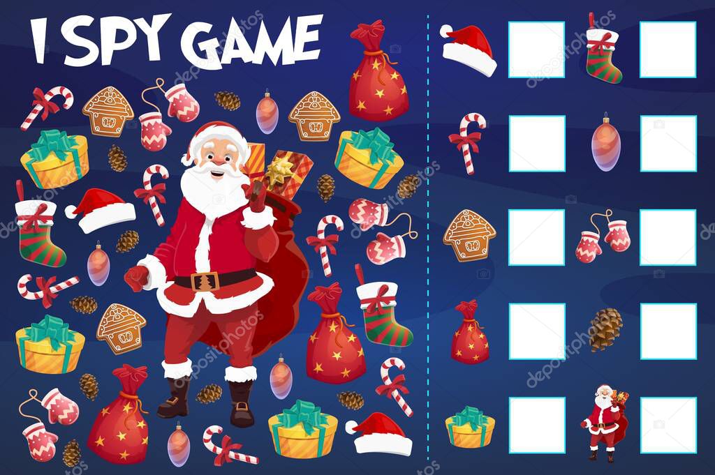 Kids i spy game with Christmas objects counting. Santa Claus character, Christmas stocking and spruce cone, gingerbread cookies, ornaments bauble and gifts boxes, candy cane, mittens cartoon vector