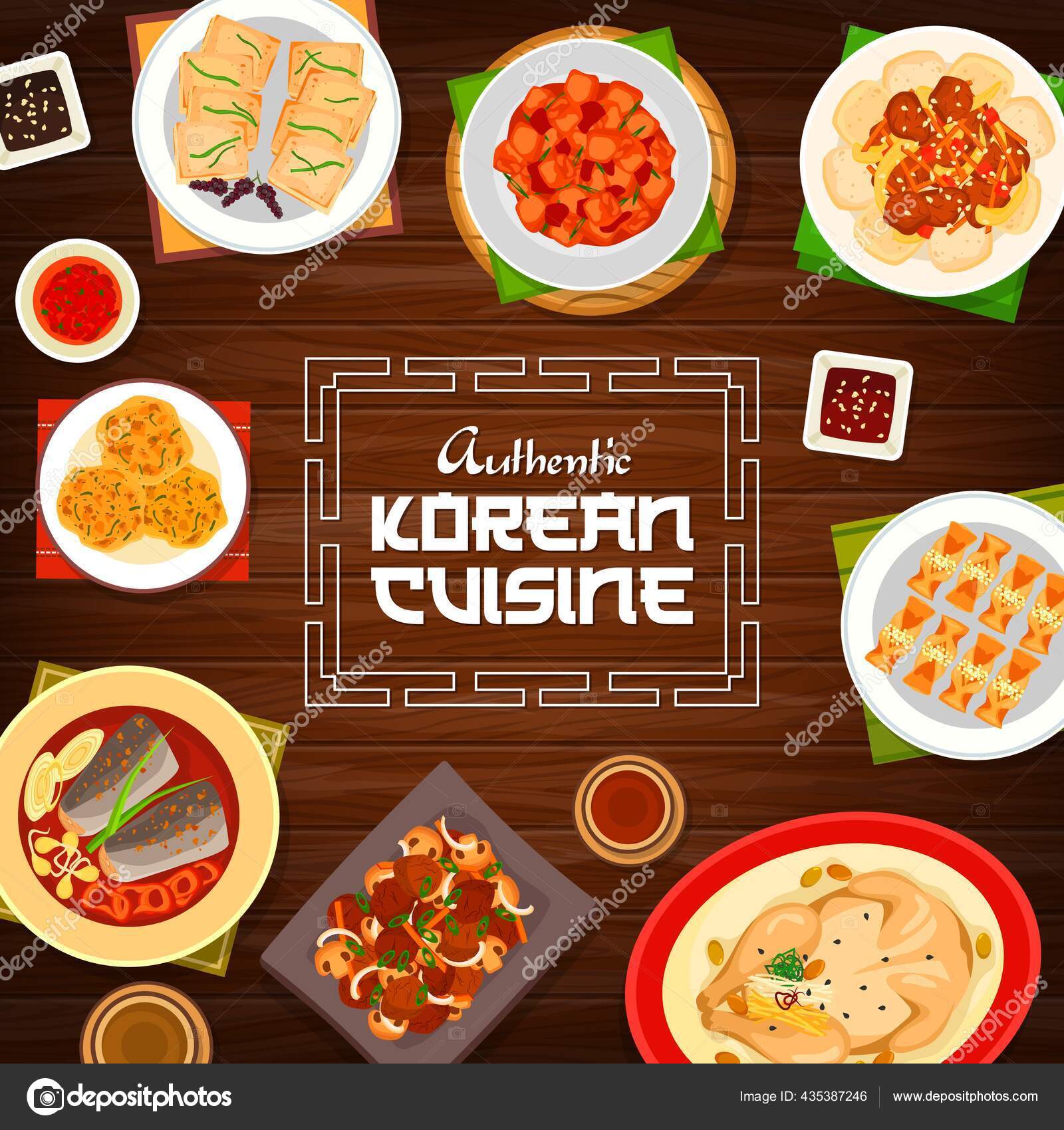 한국의 메뉴와 한국의 점심과 음식으로는 쇠고기 양배추 닭고기 아시아 그리고 스톡 벡터 - ©VectorTradition 435387246