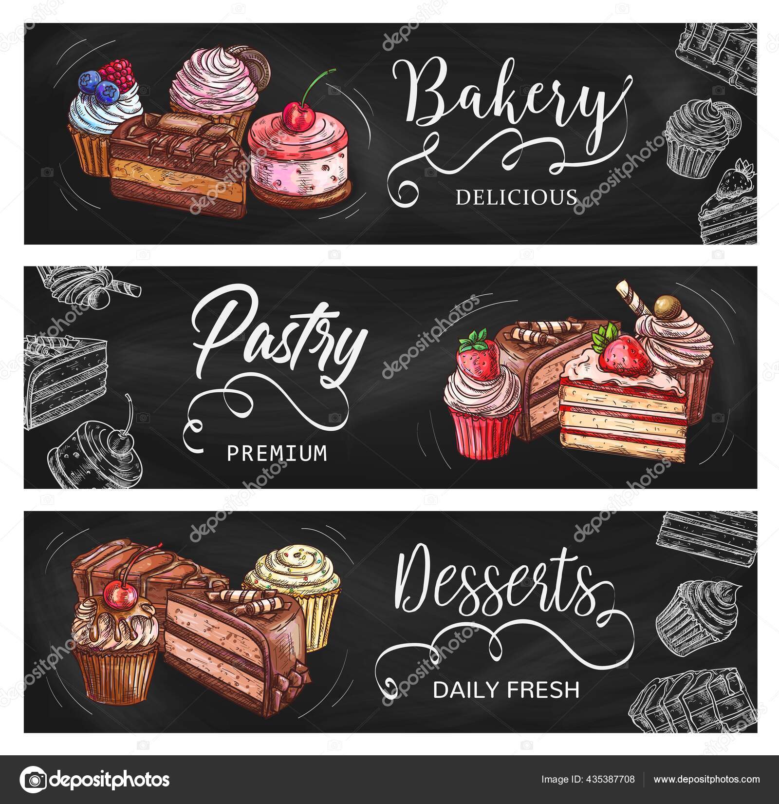 Cakes Cupcakes Vector Sketch Chalkboard Banners Bakery Shop Sweet Desserts Stock Vector Image By C Seamartini