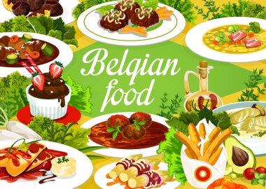 Belçika mutfağı menüsü, restoran yemekleri, Belçika geleneksel öğle ve akşam yemekleri. Belçika mutfağı ev yapımı tütsülenmiş et çorbası, Flaman karbonatı, mantar tatlısı ve Walloon köftesi.